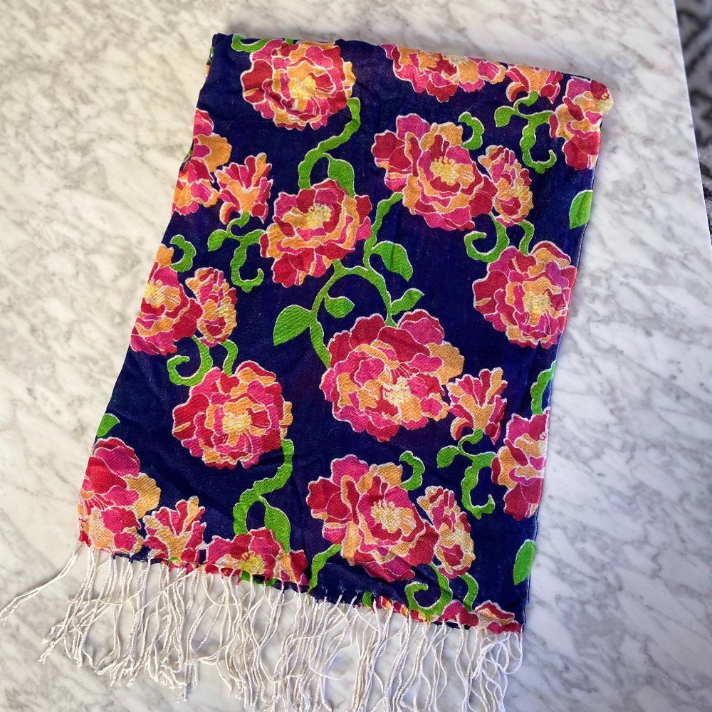 Lilly Pulitzer Floral Scarf in Pink and Green on Blue